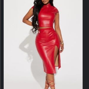 Red Faux Leather High-Slit Skirt